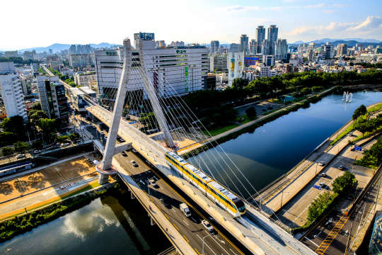 대구지하철 3호선 모노레일이 신천에 놓여져 있는 사장교인 대봉교를 지나고 있다. 사진=대구도시철도공사 제공